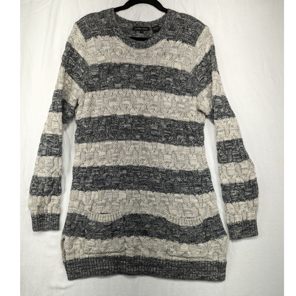 Jeanne Pierre Striped Cable Knit Sweater Dress Pockets Cotton Gray‎ Cream Large